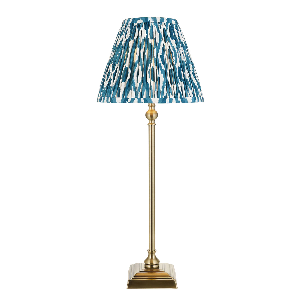 Lille Table Lamp in Antique Brass with Marlin Blue 25cm Ikat Shade