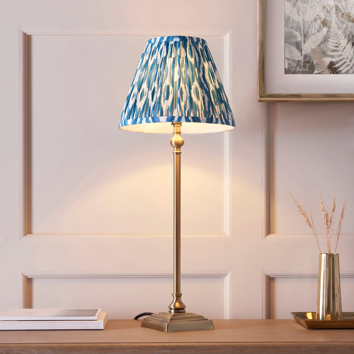Lille Table Lamp in Antique Brass with Marlin Blue 25cm Ikat Shade