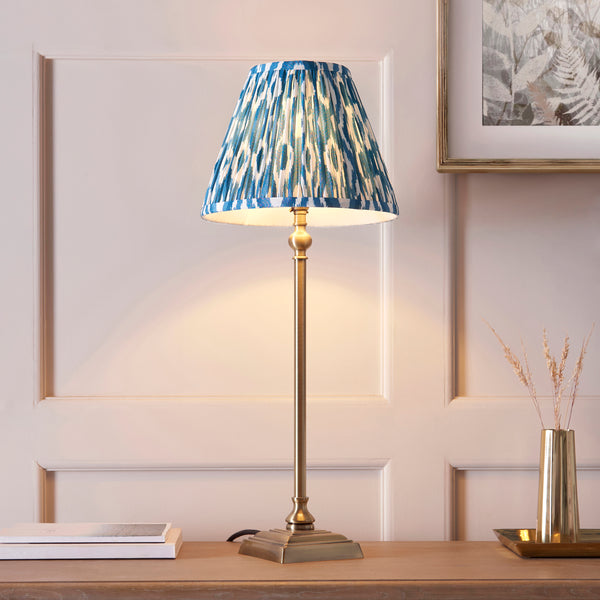 Lille Table Lamp in Antique Brass with Marlin Blue 25cm Ikat Shade