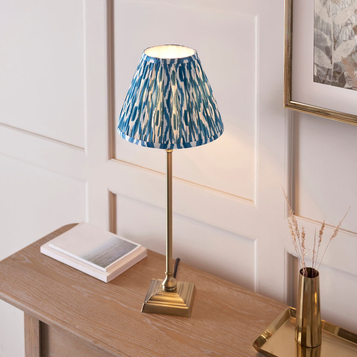 Lille Table Lamp in Antique Brass with Marlin Blue 25cm Ikat Shade