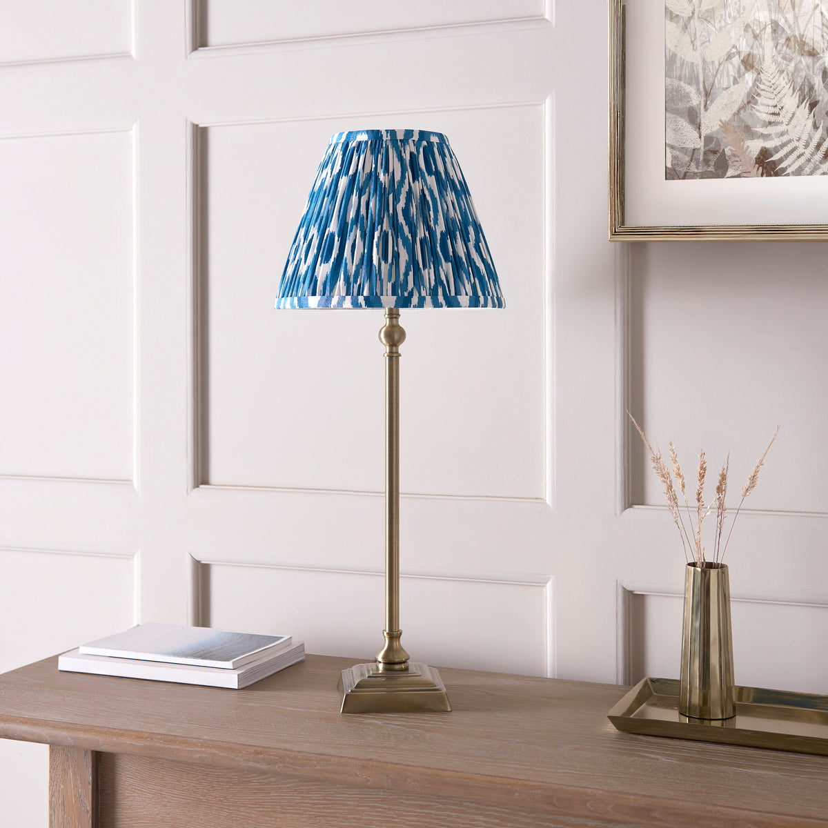 Lille Table Lamp in Antique Brass with Marlin Blue 25cm Ikat Shade