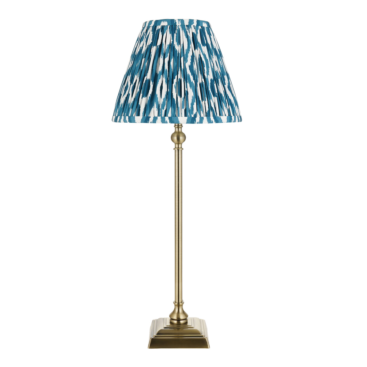 Lille Table Lamp in Antique Brass with Marlin Blue 25cm Ikat Shade