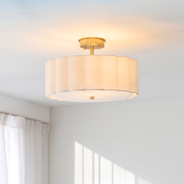 Serene Ceiling Light in Brushed Aged Brass with Vintage White Cotton Fluted Shade