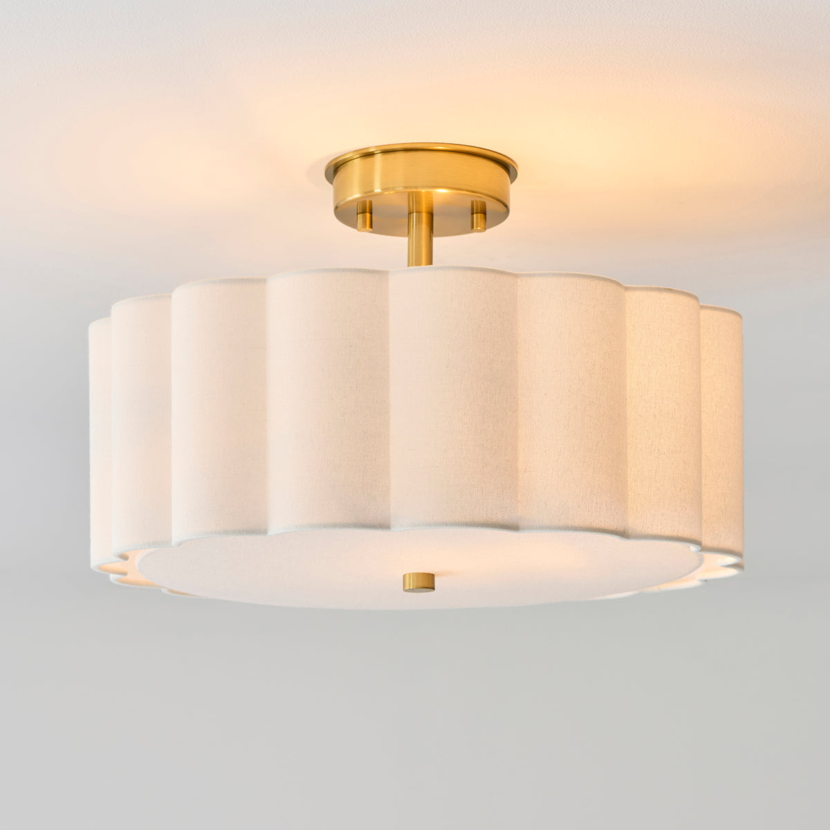 Serene Ceiling Light in Brushed Aged Brass with Vintage White Cotton Fluted Shade