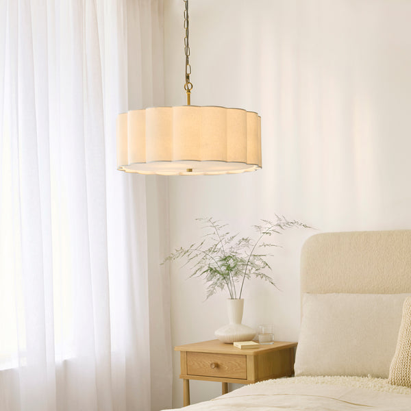 Serene Three Light Pendant in Brushed Aged Brass with Vintage White Cotton Fluted Shade