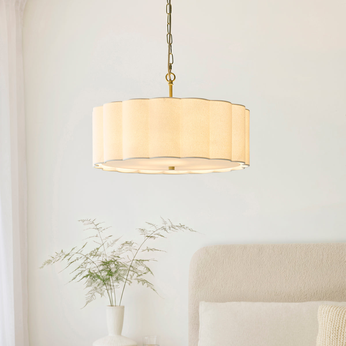 Serene Three Light Pendant in Brushed Aged Brass with Vintage White Cotton Fluted Shade