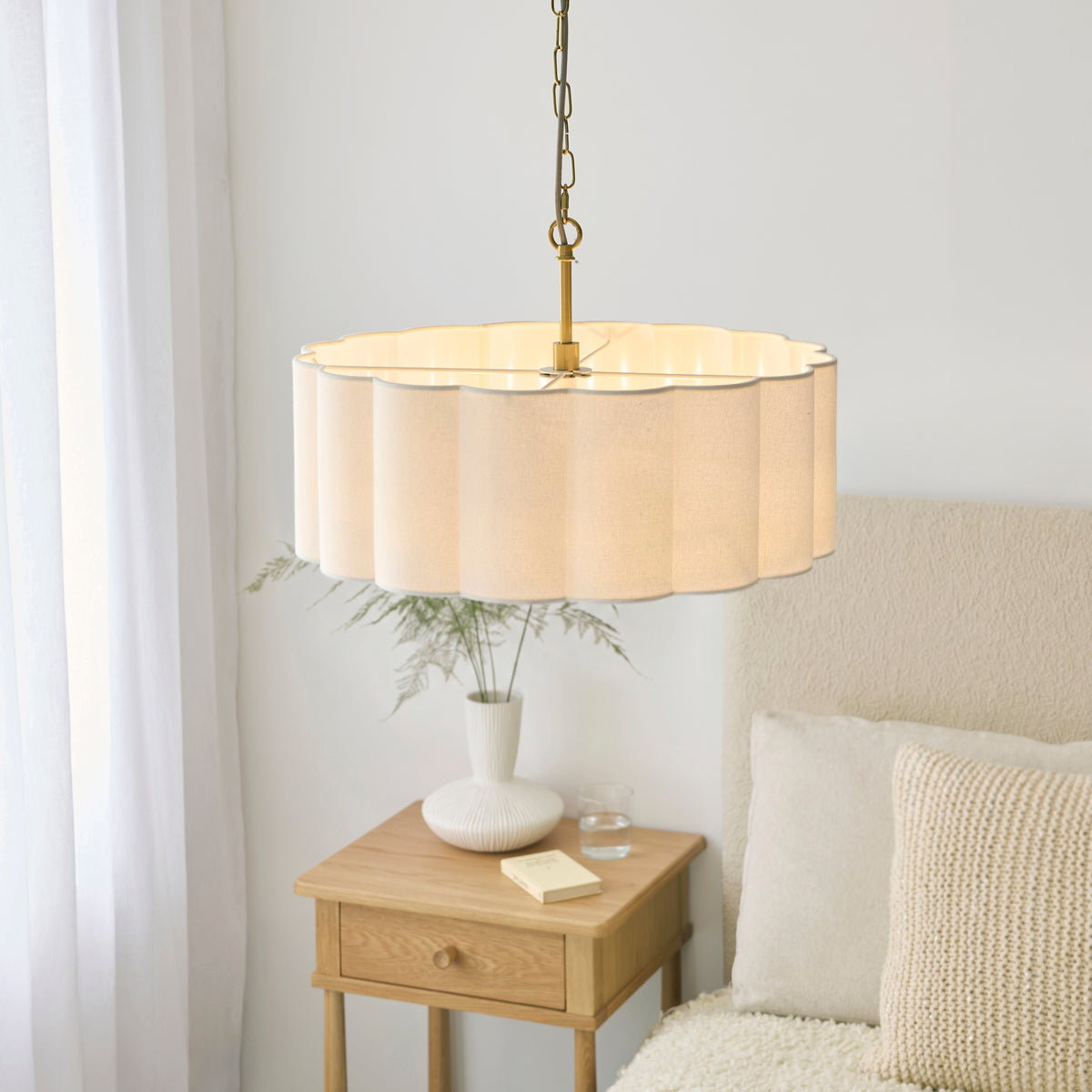Serene Three Light Pendant in Brushed Aged Brass with Vintage White Cotton Fluted Shade