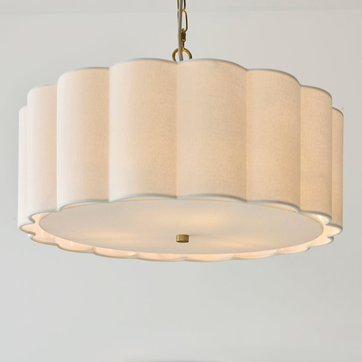 Serene Three Light Pendant in Brushed Aged Brass with Vintage White Cotton Fluted Shade