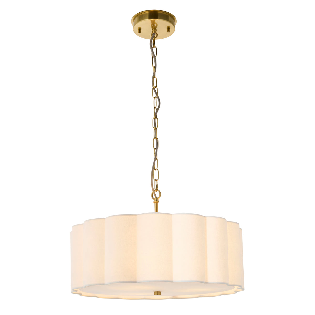 Serene Three Light Pendant in Brushed Aged Brass with Vintage White Cotton Fluted Shade