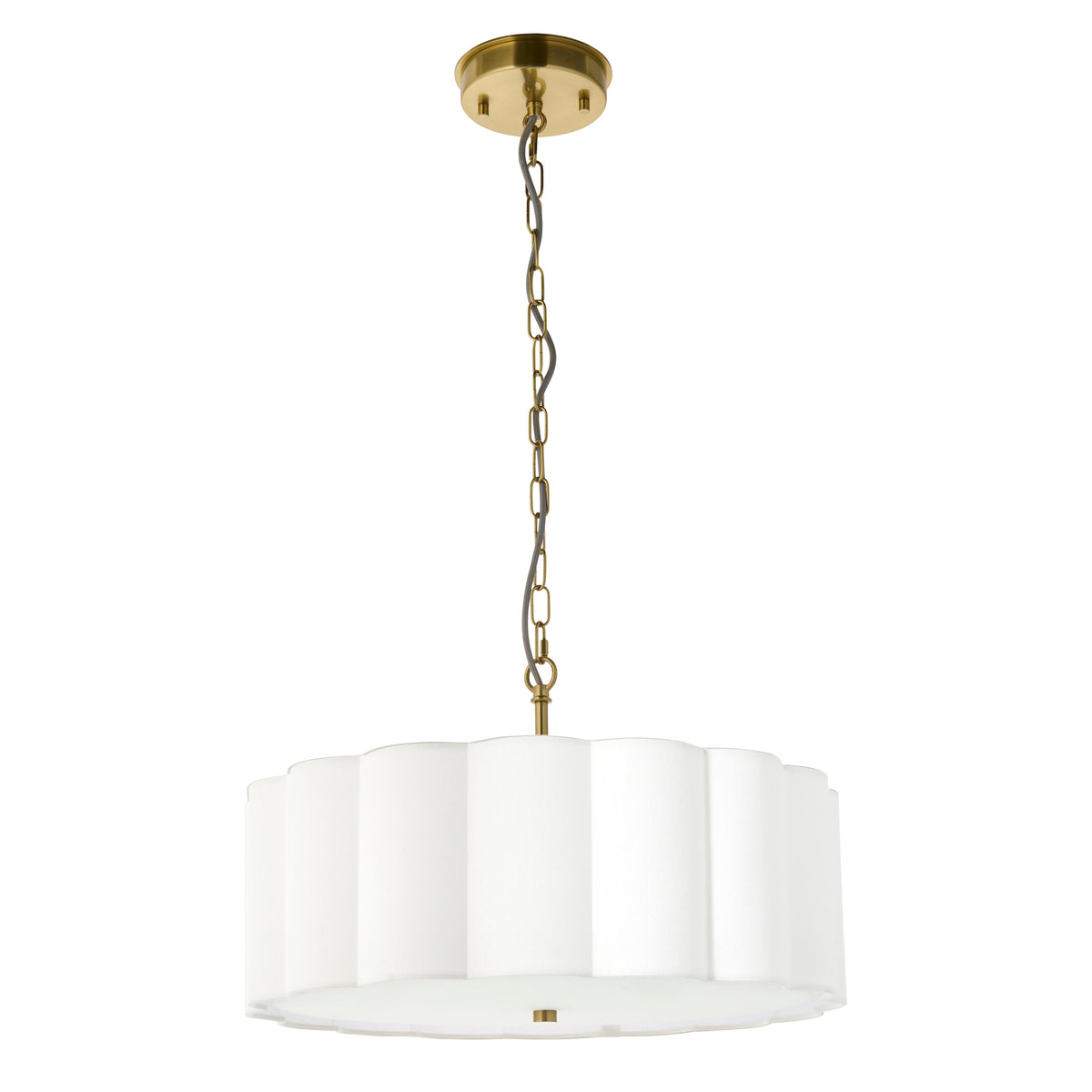 Serene Three Light Pendant in Brushed Aged Brass with Vintage White Cotton Fluted Shade