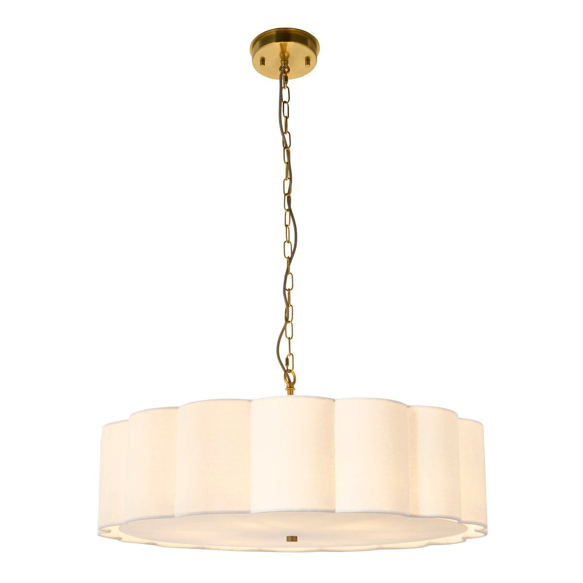 Serene Six Light Pendant in Brushed Aged Brass with Vintage White Cotton Fluted Shade