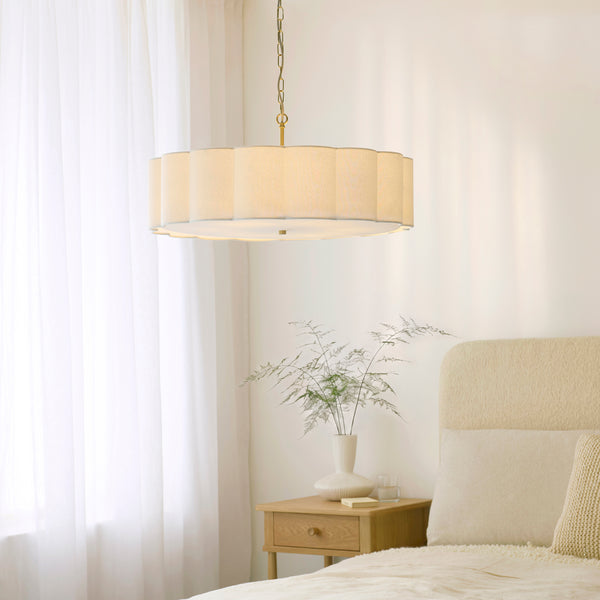 Serene Six Light Pendant in Brushed Aged Brass with Vintage White Cotton Fluted Shade