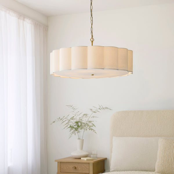 Serene Six Light Pendant in Brushed Aged Brass with Vintage White Cotton Fluted Shade