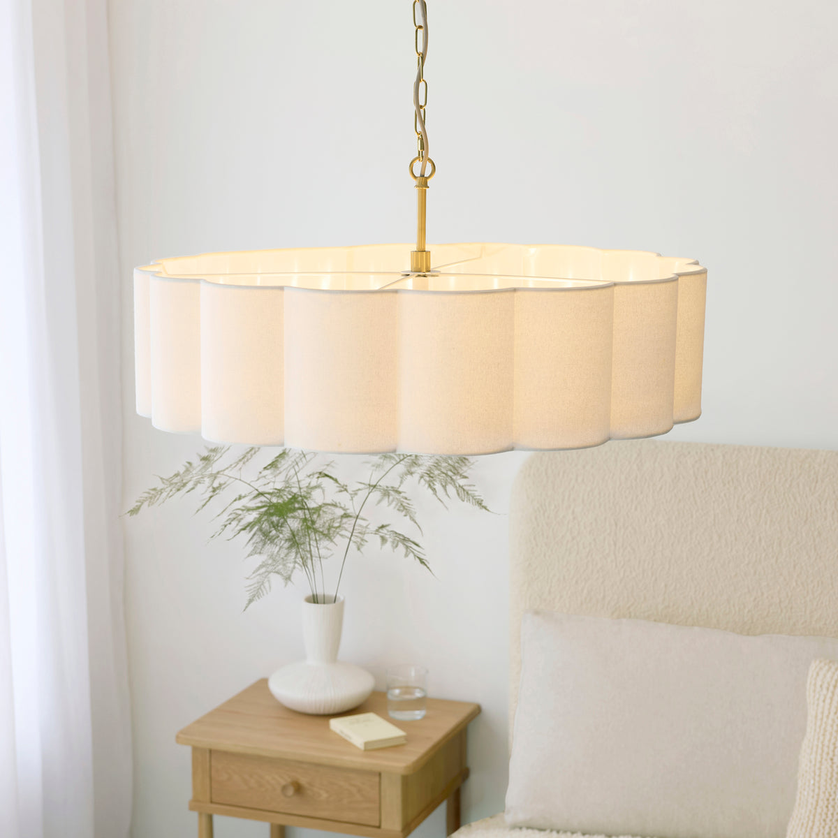 Serene Six Light Pendant in Brushed Aged Brass with Vintage White Cotton Fluted Shade