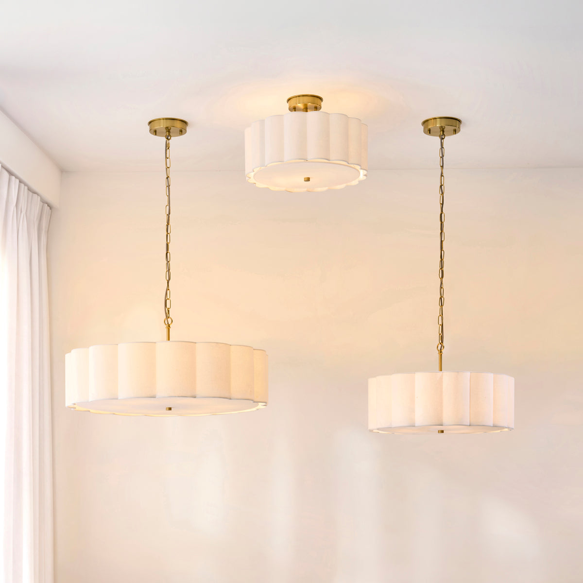 Serene Six Light Pendant in Brushed Aged Brass with Vintage White Cotton Fluted Shade