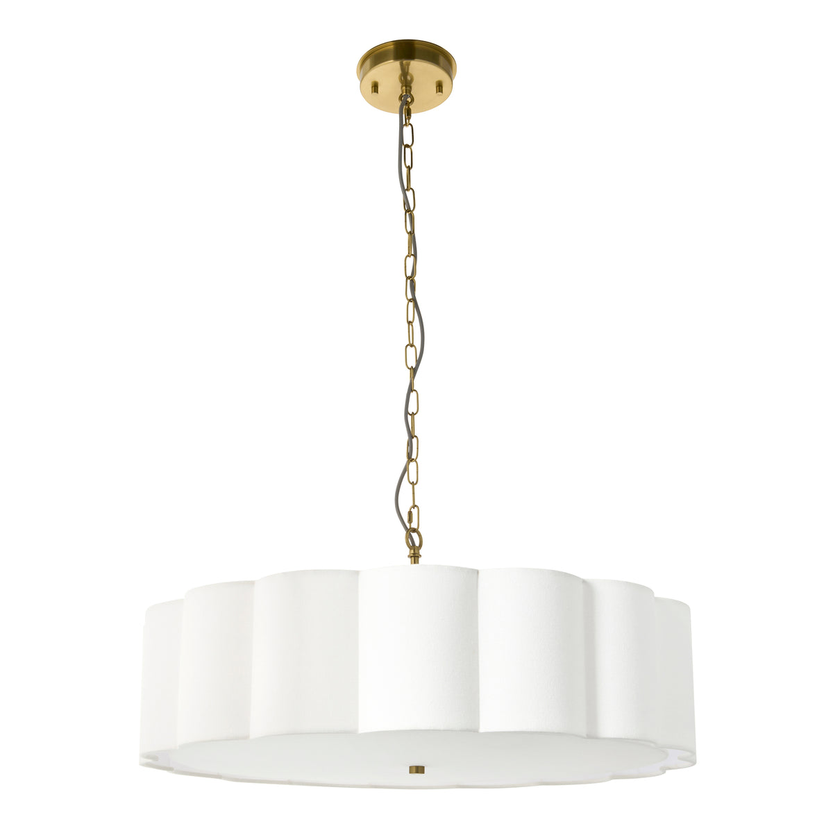 Serene Six Light Pendant in Brushed Aged Brass with Vintage White Cotton Fluted Shade