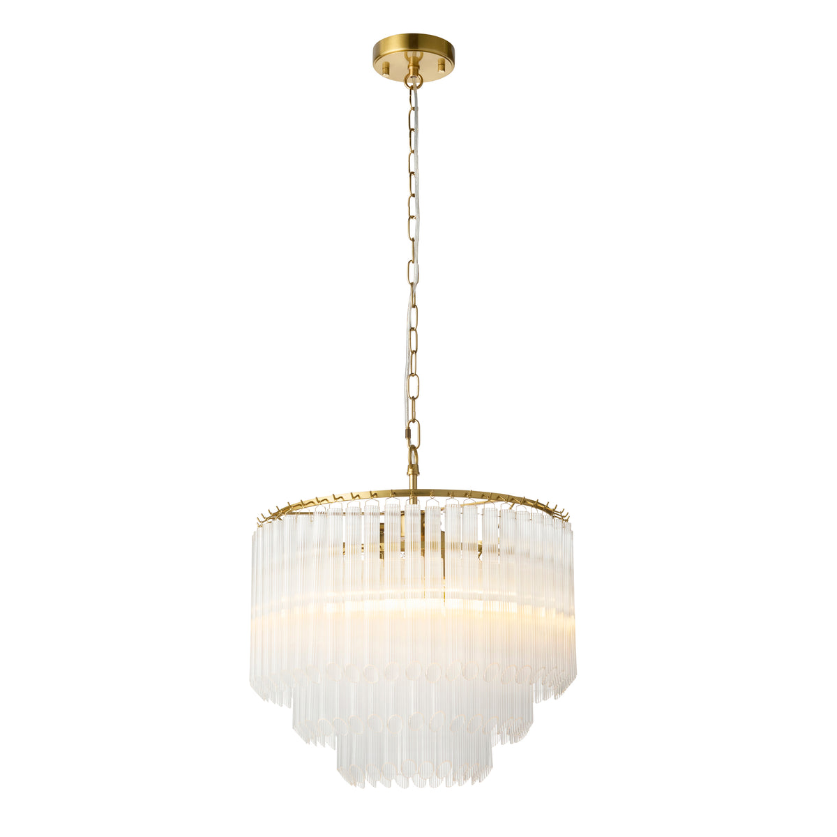 Montpellier Three Lamp Pendant in Brushed Brass with Ribbed Cylindrical Clear Glass