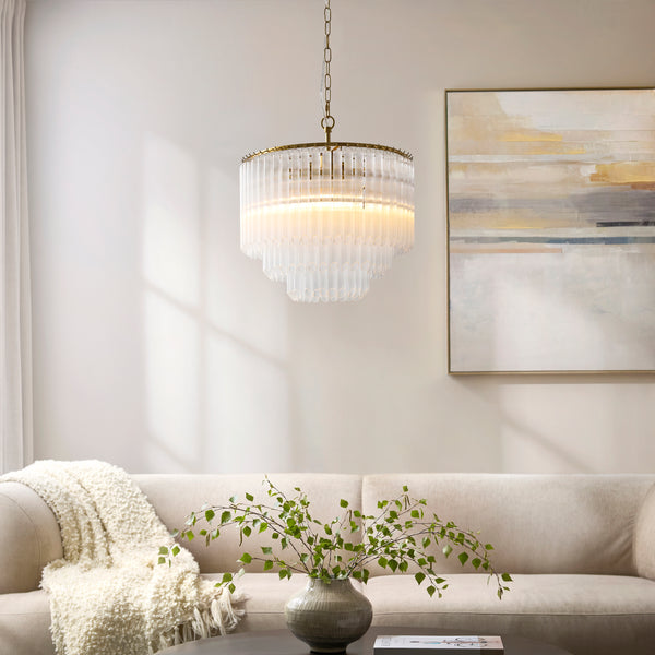 Montpellier Three Lamp Pendant in Brushed Brass with Ribbed Cylindrical Clear Glass