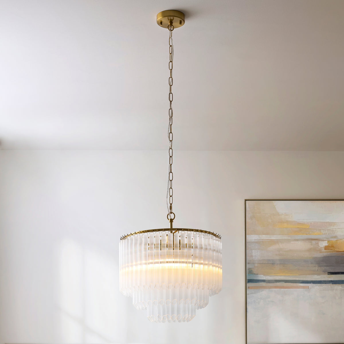 Montpellier Three Lamp Pendant in Brushed Brass with Ribbed Cylindrical Clear Glass