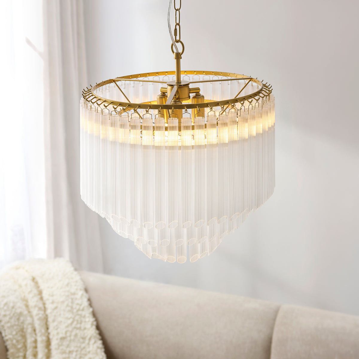 Montpellier Three Lamp Pendant in Brushed Brass with Ribbed Cylindrical Clear Glass