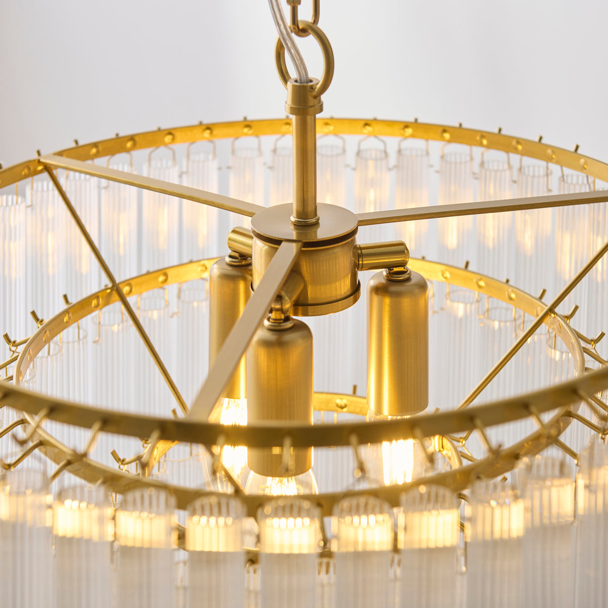 Montpellier Three Lamp Pendant in Brushed Brass with Ribbed Cylindrical Clear Glass