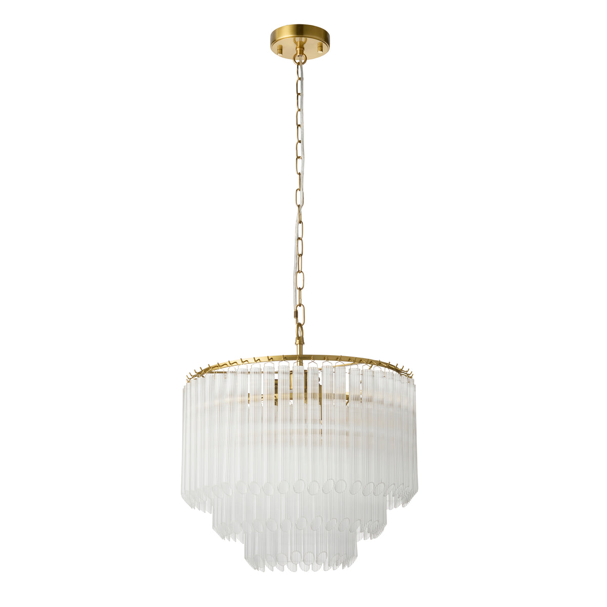 Montpellier Three Lamp Pendant in Brushed Brass with Ribbed Cylindrical Clear Glass