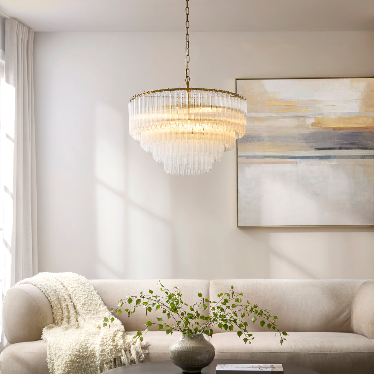 Montpellier Six Lamp Pendant in Brushed Brass with Ribbed Cylindrical Clear Glass