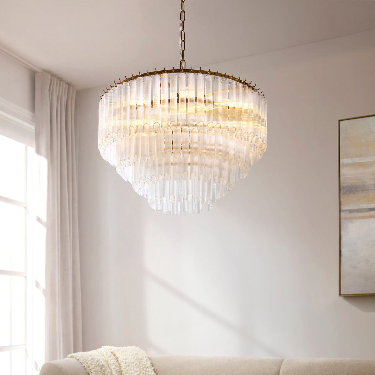 Montpellier Six Lamp Pendant in Brushed Brass with Ribbed Cylindrical Clear Glass