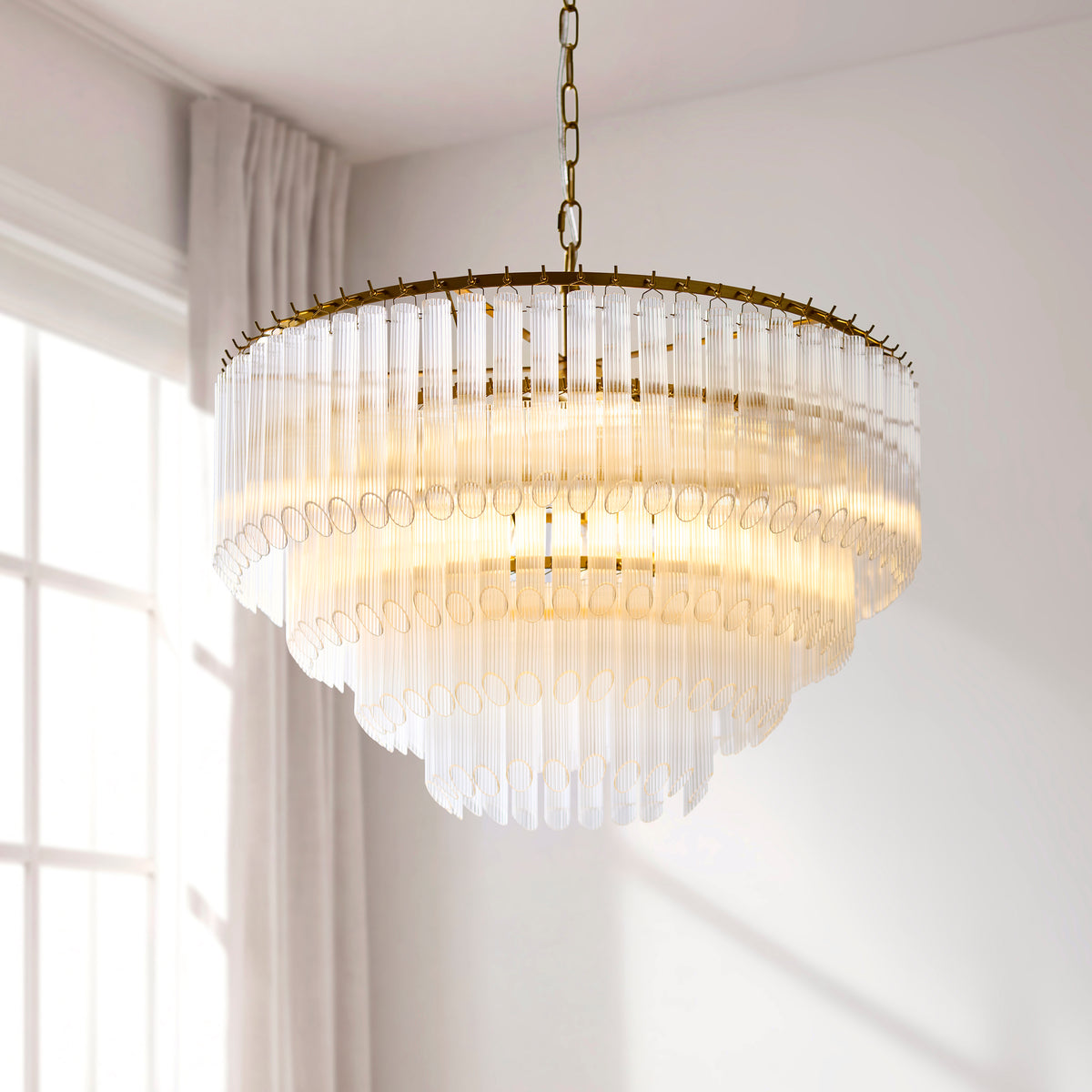 Montpellier Six Lamp Pendant in Brushed Brass with Ribbed Cylindrical Clear Glass