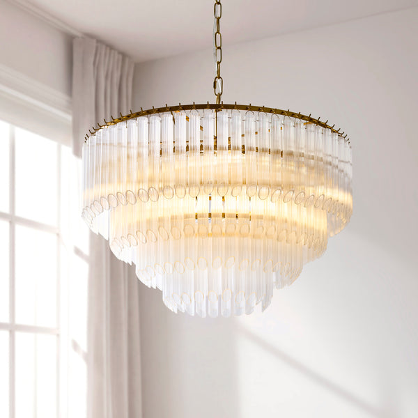 Montpellier Six Lamp Pendant in Brushed Brass with Ribbed Cylindrical Clear Glass