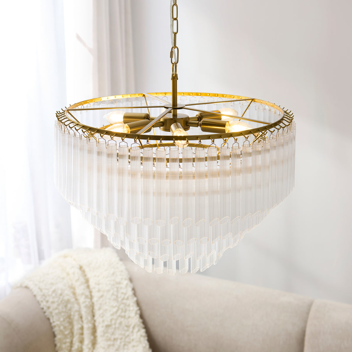 Montpellier Six Lamp Pendant in Brushed Brass with Ribbed Cylindrical Clear Glass