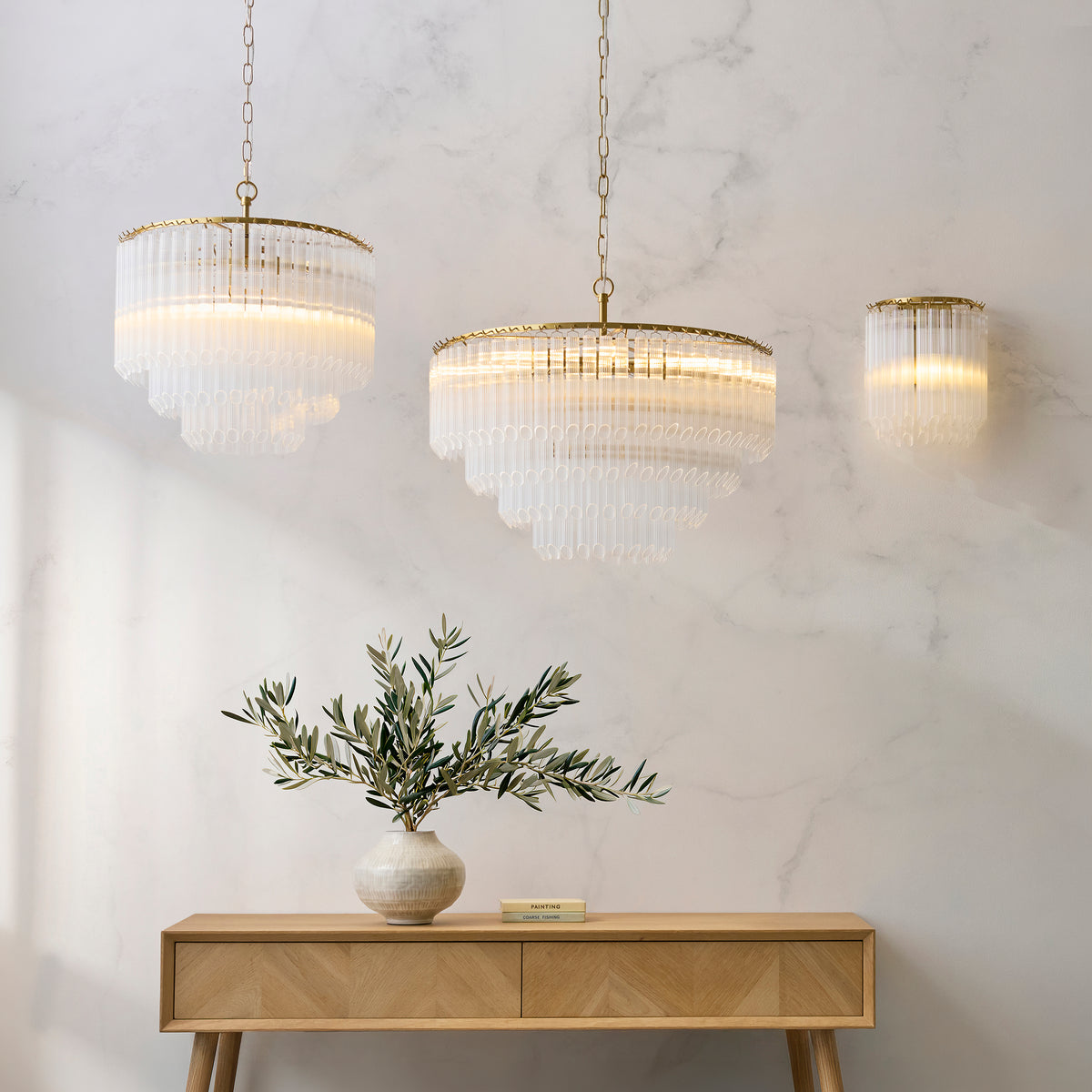 Montpellier Six Lamp Pendant in Brushed Brass with Ribbed Cylindrical Clear Glass