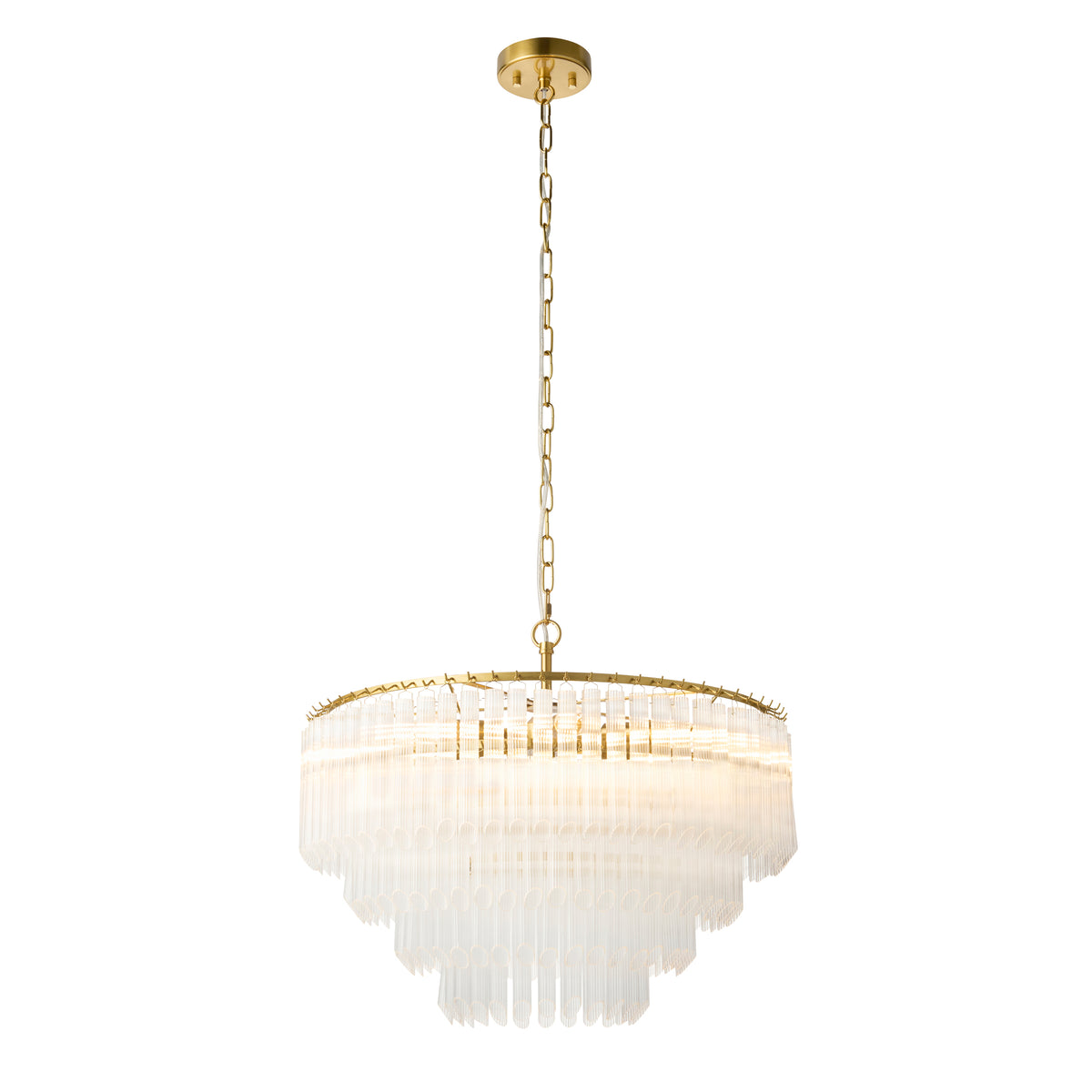 Montpellier Six Lamp Pendant in Brushed Brass with Ribbed Cylindrical Clear Glass