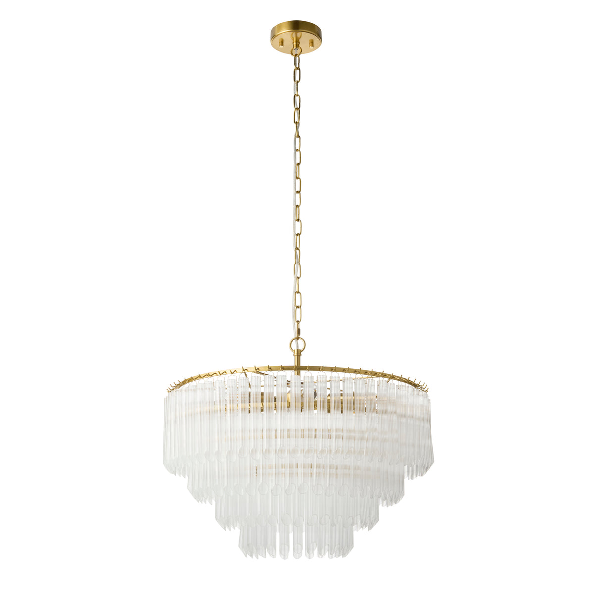 Montpellier Six Lamp Pendant in Brushed Brass with Ribbed Cylindrical Clear Glass