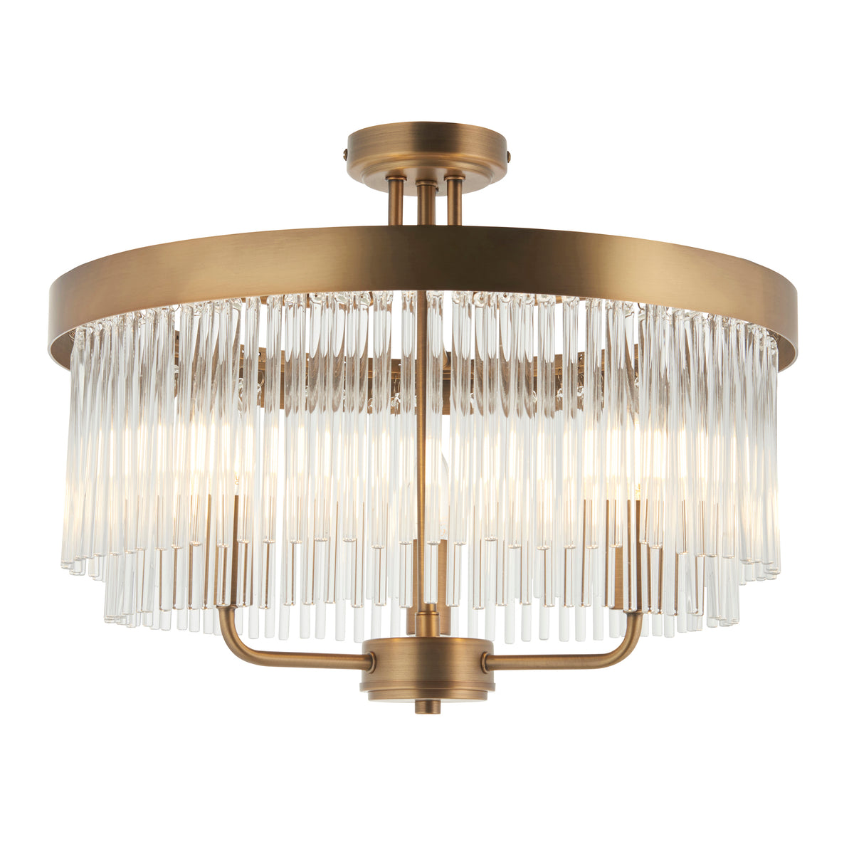A round, antique brass chandelier with clear glass rods forming a tiered shade, illuminated from within.