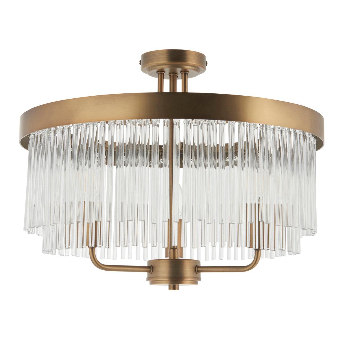 A bronze semi-flush mount chandelier with a circular frame and clear glass rods hanging in two tiers.