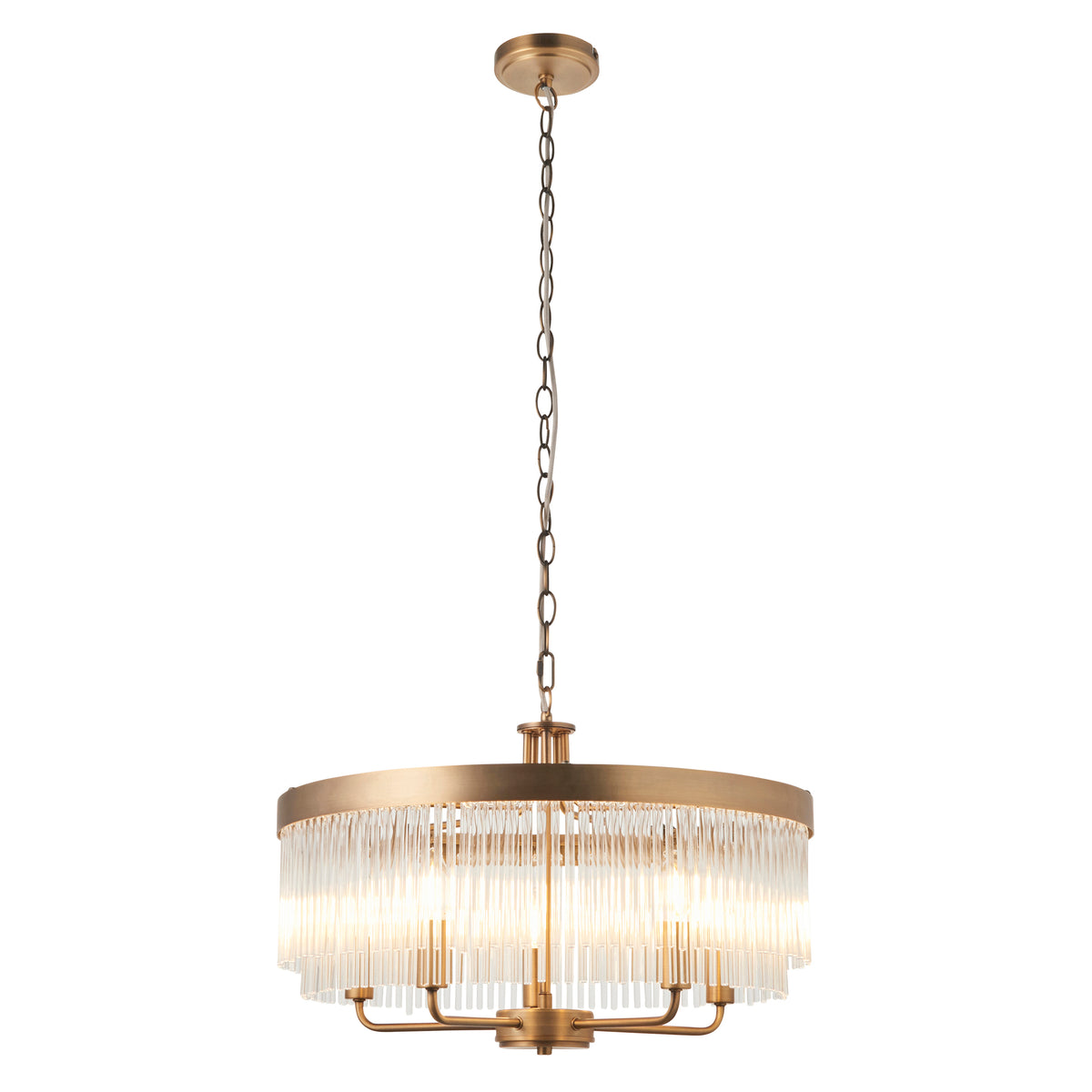 A gold chandelier with a circular frame and clear glass rods hanging down, illuminated from within.