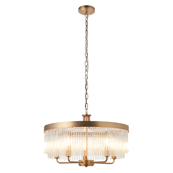 A gold chandelier with a circular frame and clear glass rods hanging down, illuminated from within.