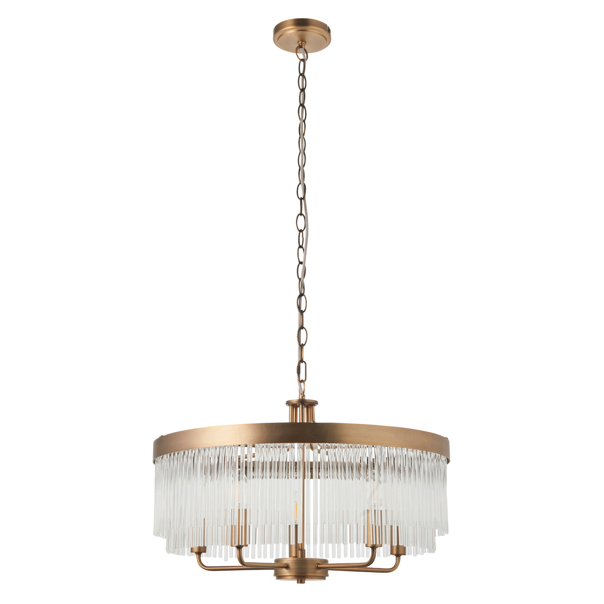 A gold chandelier with a circular frame and hanging clear glass rods, suspended by a chain.