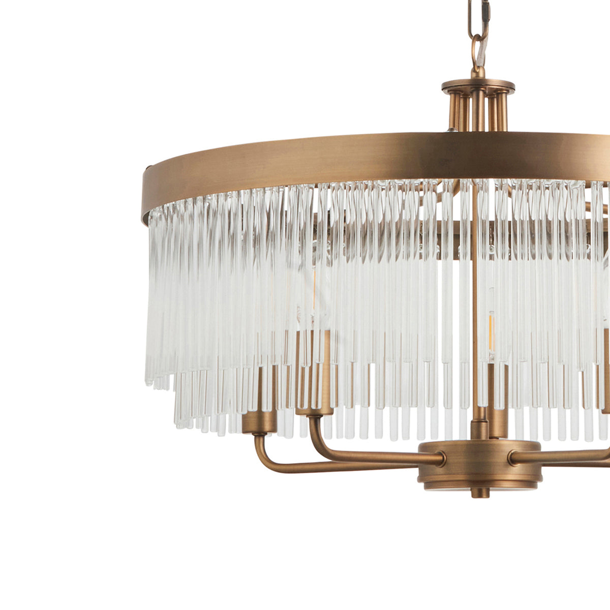 Bronze chandelier with clear glass rods hanging in a circular pattern.