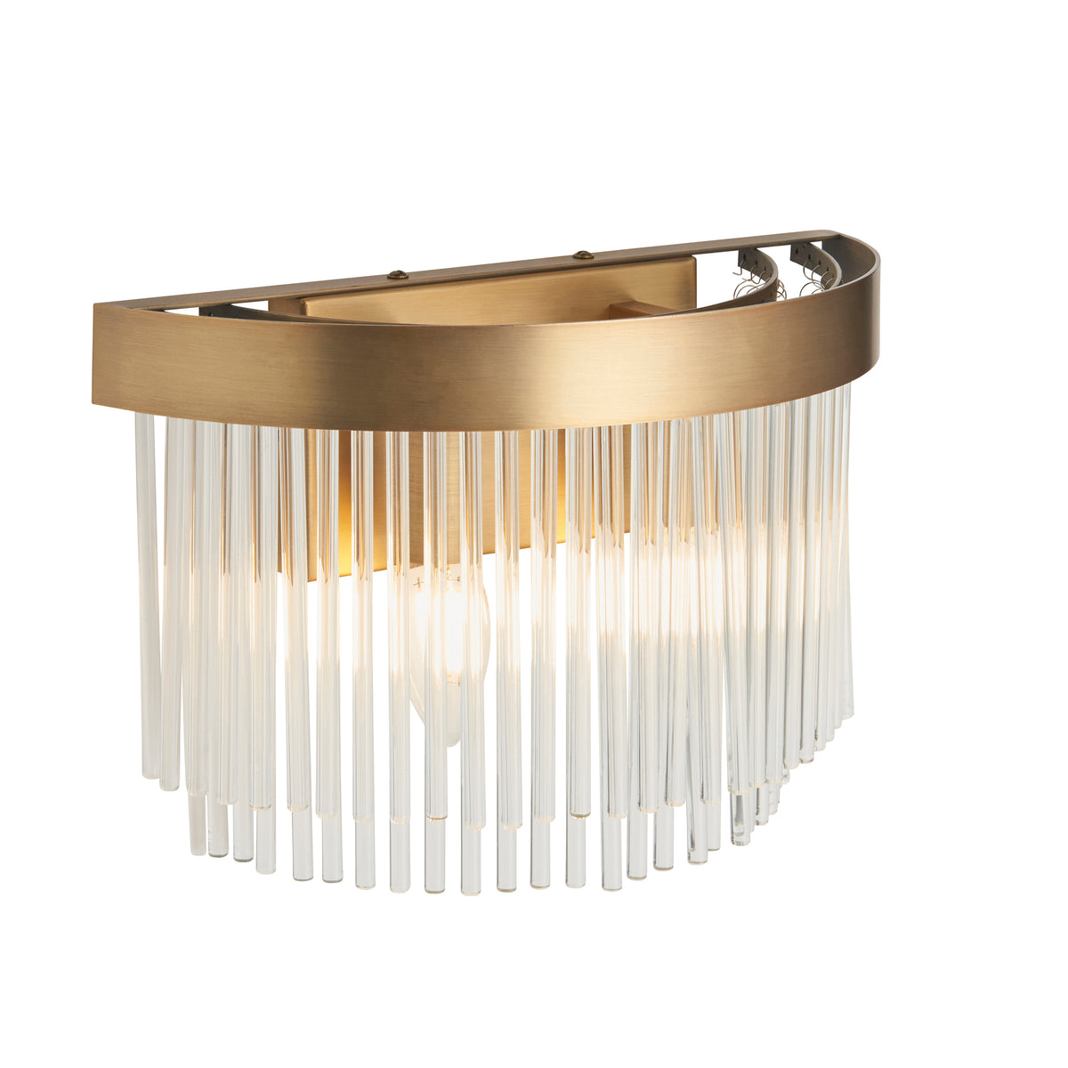 Half-moon wall sconce with a brass frame and clear glass rods, illuminated from within.