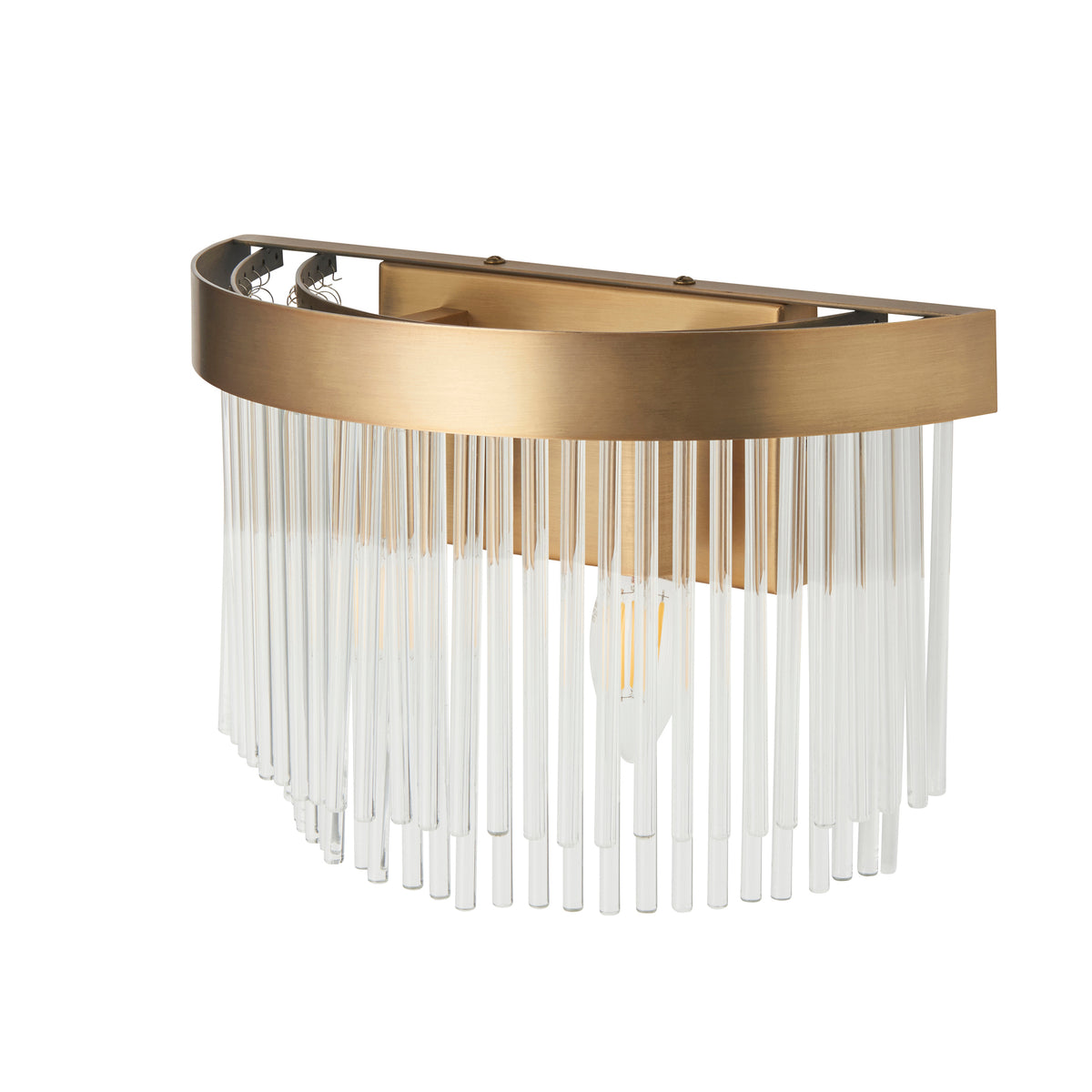 Half-moon wall sconce with a brass finish and clear glass rods, featuring an exposed bulb.