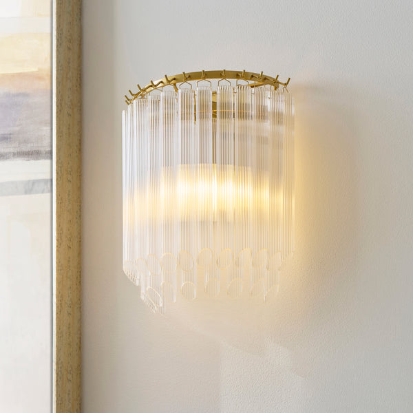 Montpellier Wall Light in Brushed Brass with Ribbed Cylindrical Clear Glass