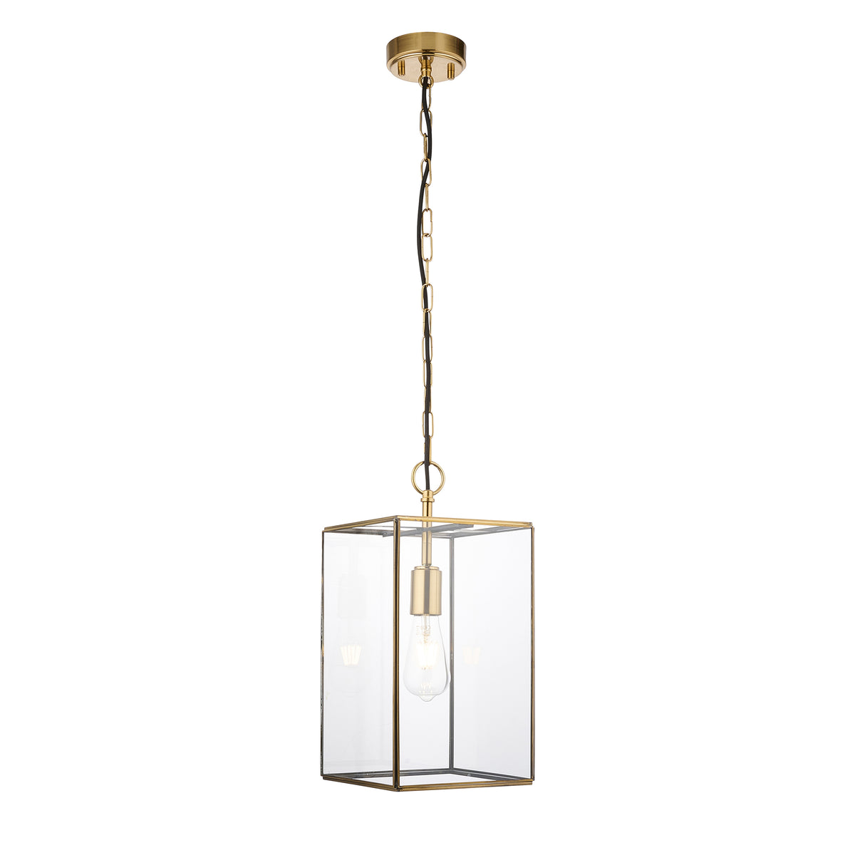 Rectangular clear glass pendant light with a gold frame and chain. It has a single exposed bulb inside.