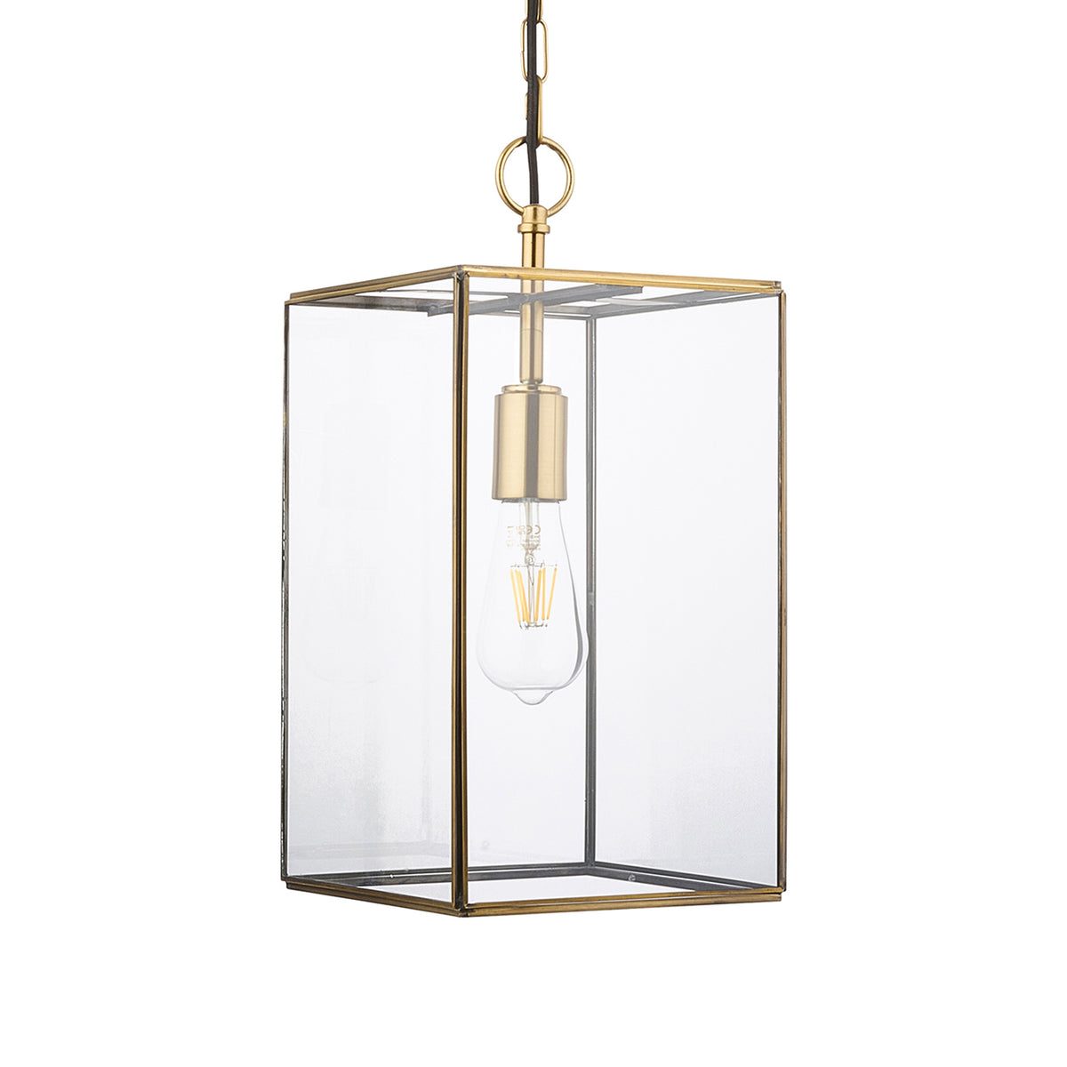 Rectangular brass and glass pendant light with an exposed filament bulb.