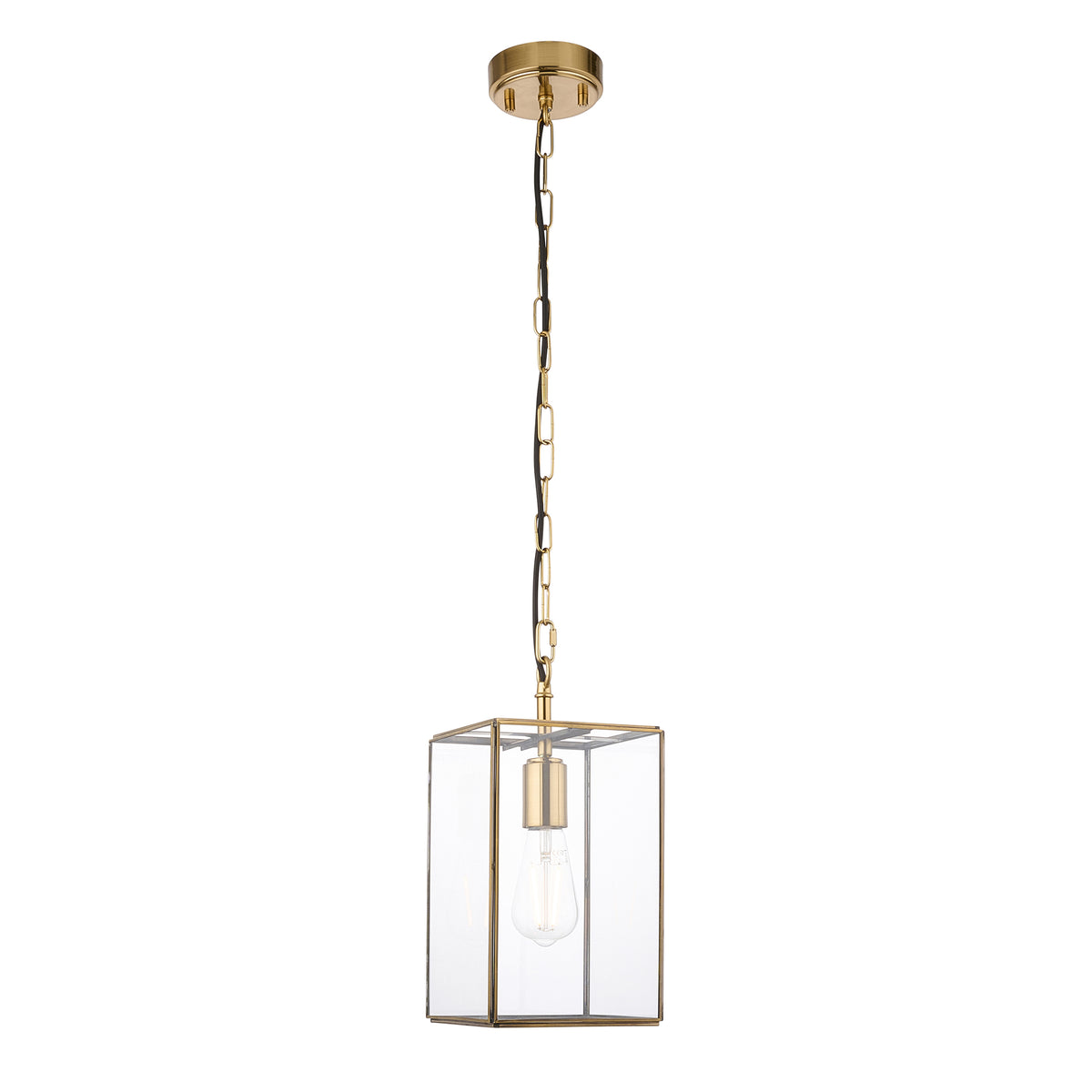 A brass and glass rectangular pendant light with a visible bulb, hanging from a chain.