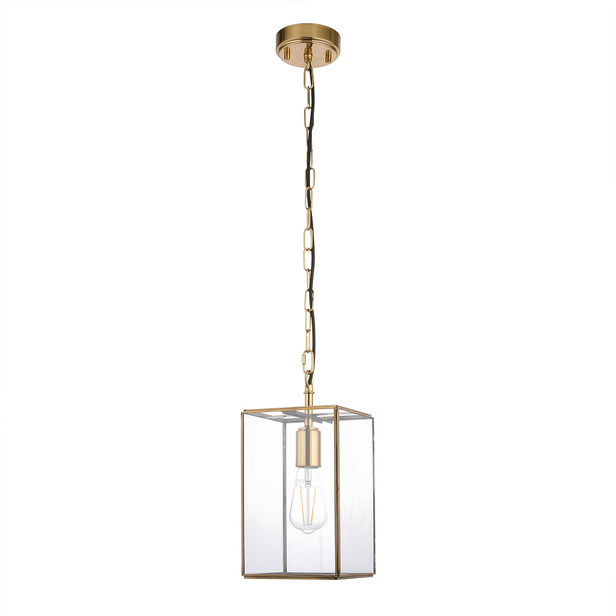 A gold and glass pendant light with a single exposed bulb, hanging from a chain.