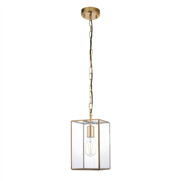A gold and glass pendant light with a single exposed bulb, hanging from a chain.
