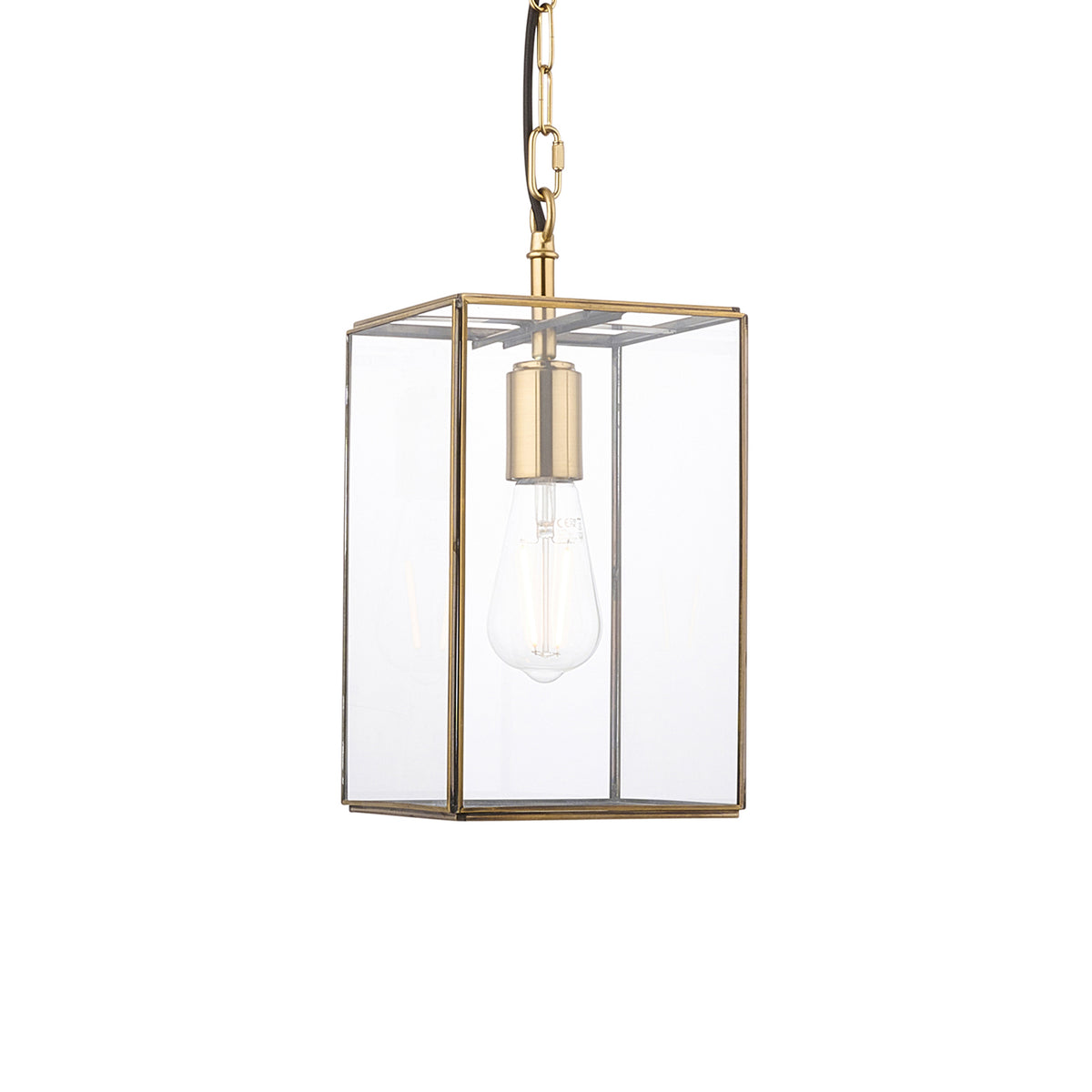 A rectangular brass and glass pendant light with an exposed bulb, hanging from a chain.