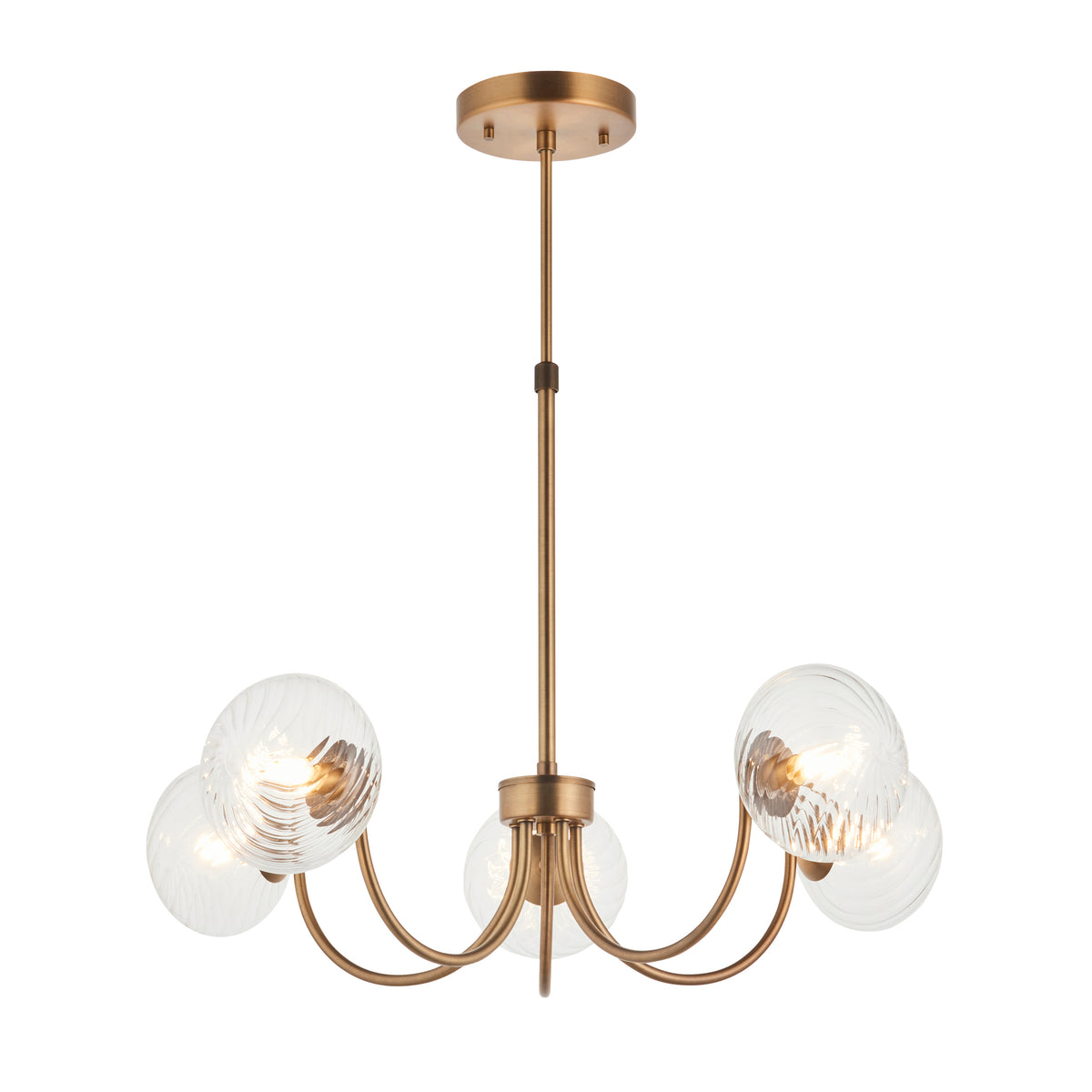 Bronze chandelier with five clear, textured glass globes, each containing an illuminated bulb. 